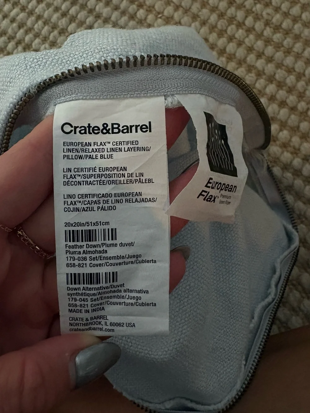 Crate&Barrel European flax linen pale blue couch pillows